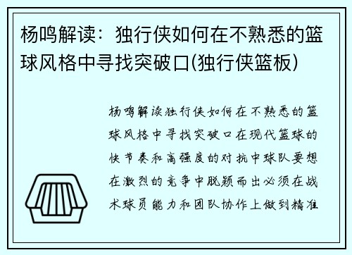 杨鸣解读：独行侠如何在不熟悉的篮球风格中寻找突破口(独行侠篮板)