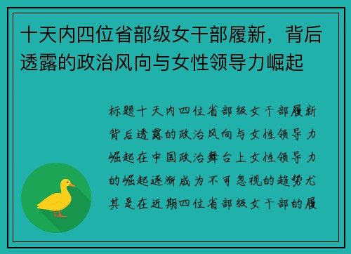 十天内四位省部级女干部履新，背后透露的政治风向与女性领导力崛起