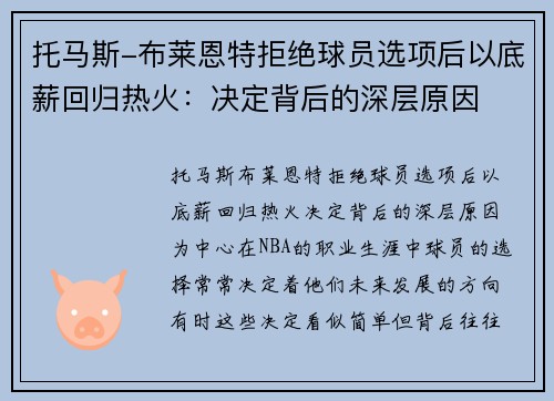 托马斯-布莱恩特拒绝球员选项后以底薪回归热火：决定背后的深层原因