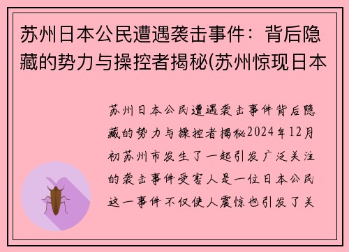 苏州日本公民遭遇袭击事件：背后隐藏的势力与操控者揭秘(苏州惊现日本街)