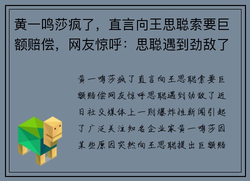 黄一鸣莎疯了，直言向王思聪索要巨额赔偿，网友惊呼：思聪遇到劲敌了！